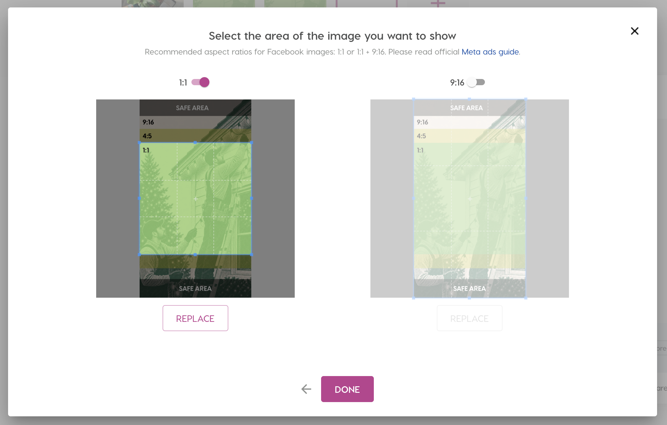 Nanos crop tool showing the 1:1 and 9:16 formats for a Facebook campaign