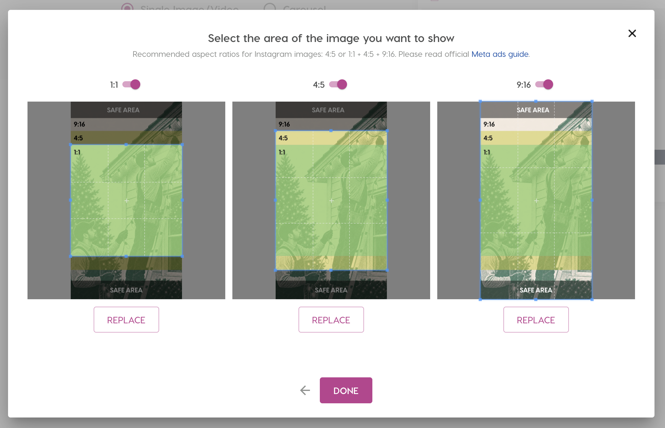 Nanos crop tool showing 1:1, 4:5 and 9:16 formats enabled for an Instagram campaign