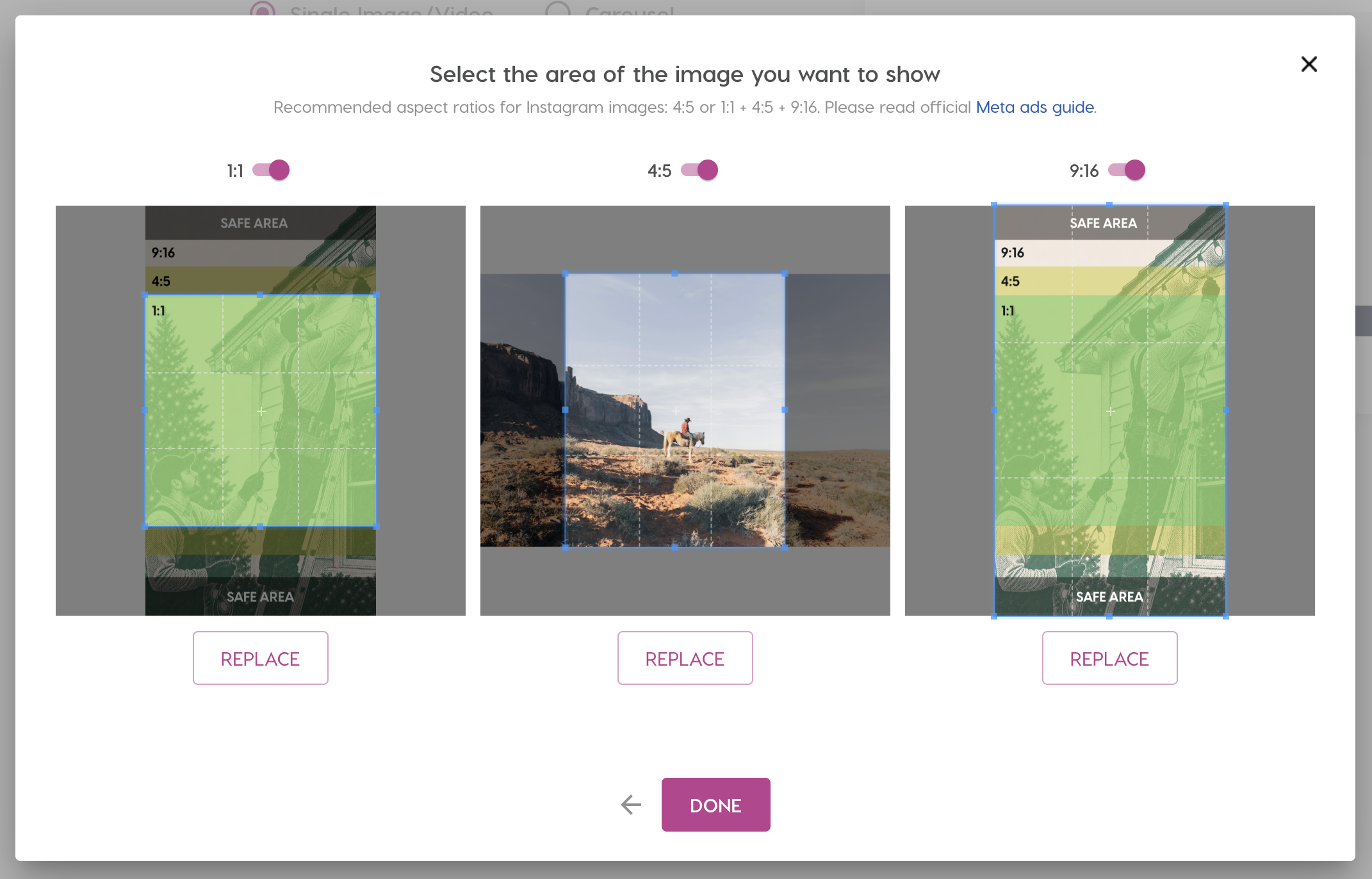 Crop tool with a different image used for the 4:5 format via the Replace button